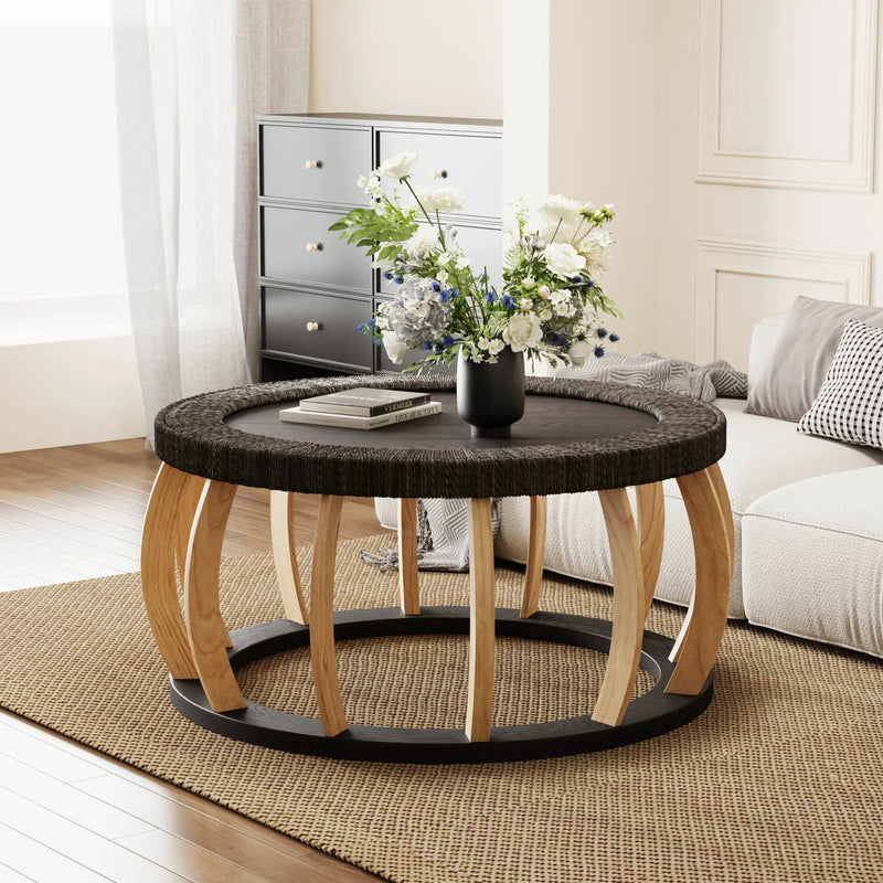 Vintage Rattan Solid Wood Round Coffee Table by HouseOfZazla