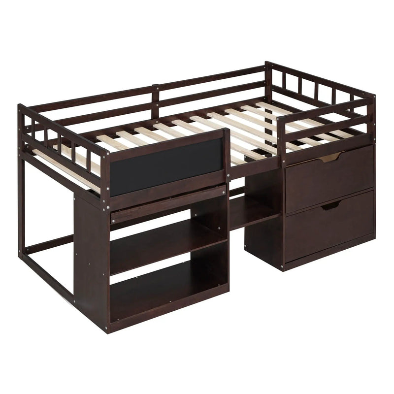 Low Loft Bed With Rolling Desk, Shelf And Drawers by HouseOfZazla