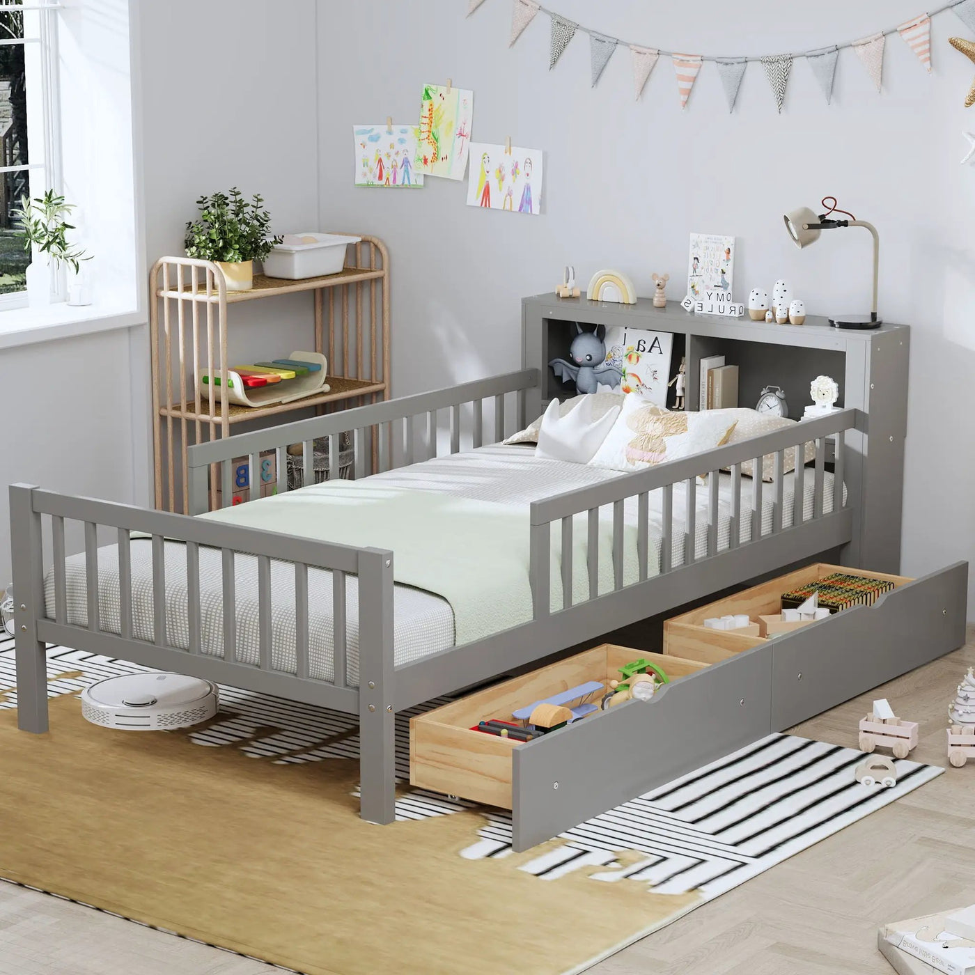 Bed With Headboard Storage Rack, 2 Under Bed Drawers, 3 Side Guardrails For Safety by HouseOfZazla