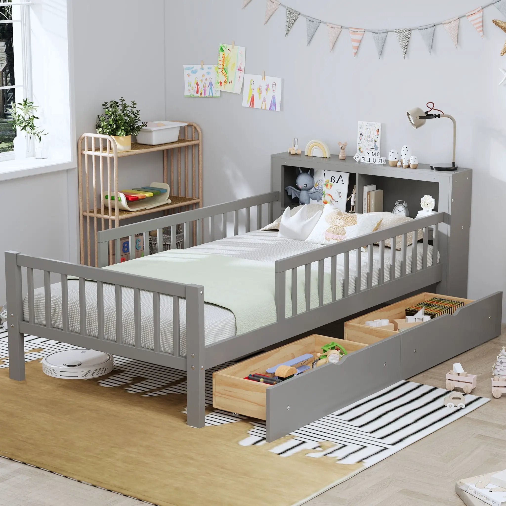 Bed With Headboard Storage Rack, 2 Under Bed Drawers, 3 Side Guardrails For Safety by Unique Piece Furniture