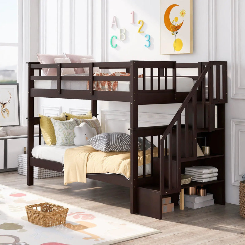Stairway Bunk Bed With Storage And Guard Rail For Bedroom by HouseOfZazla