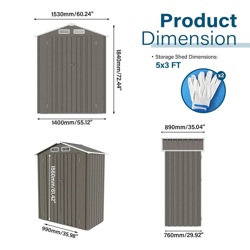5 X 3 Ft Compact Metal Outdoor Storage Shed With Pitched Roof, Lockable Door - Gray by HouseOfZazla