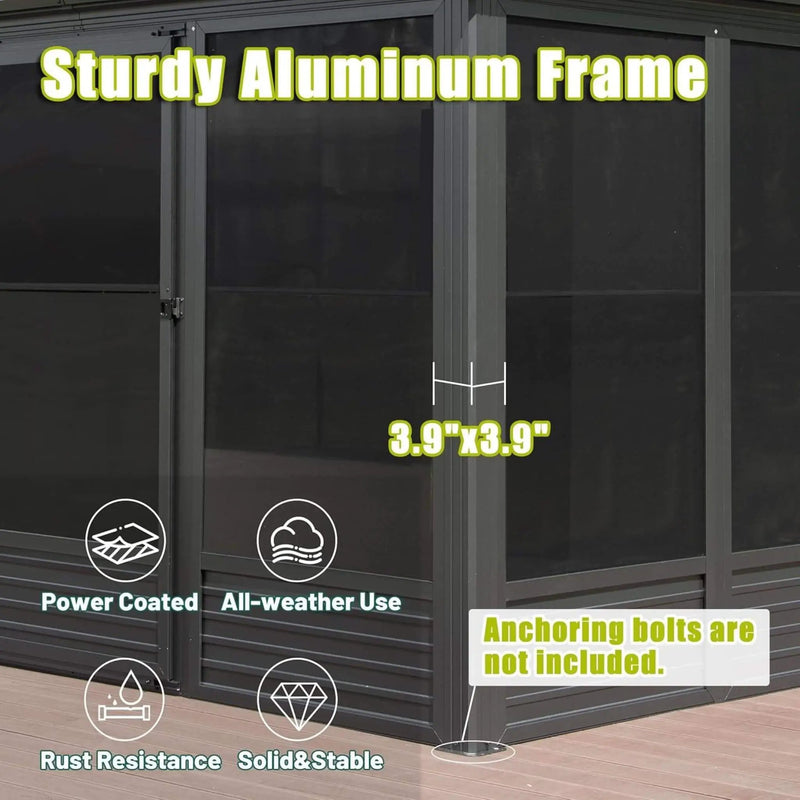 [11X14FT] Alora Meridian Premium Four Season Outdoor Aluminum Hardtop Gazebo Sunroom With Galvanized Steel Roof, Sliding Doors And Movable PVC Screen Walls (SAK88776) by SAKSBY WHOLESALE