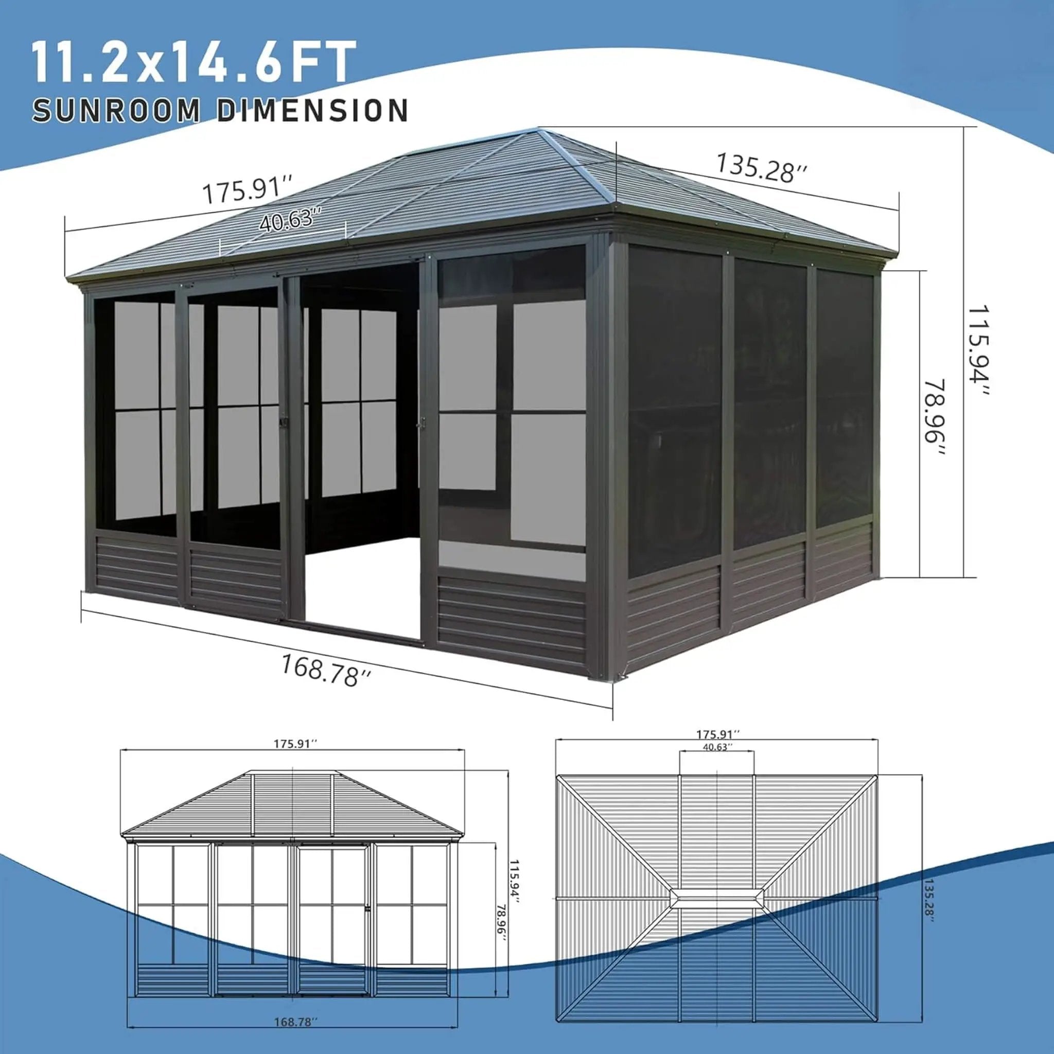 [11X14FT] Alora Meridian Premium Four Season Outdoor Aluminum Hardtop Gazebo Sunroom With Galvanized Steel Roof, Sliding Doors And Movable PVC Screen Walls (SAK88776) by SAKSBY WHOLESALE