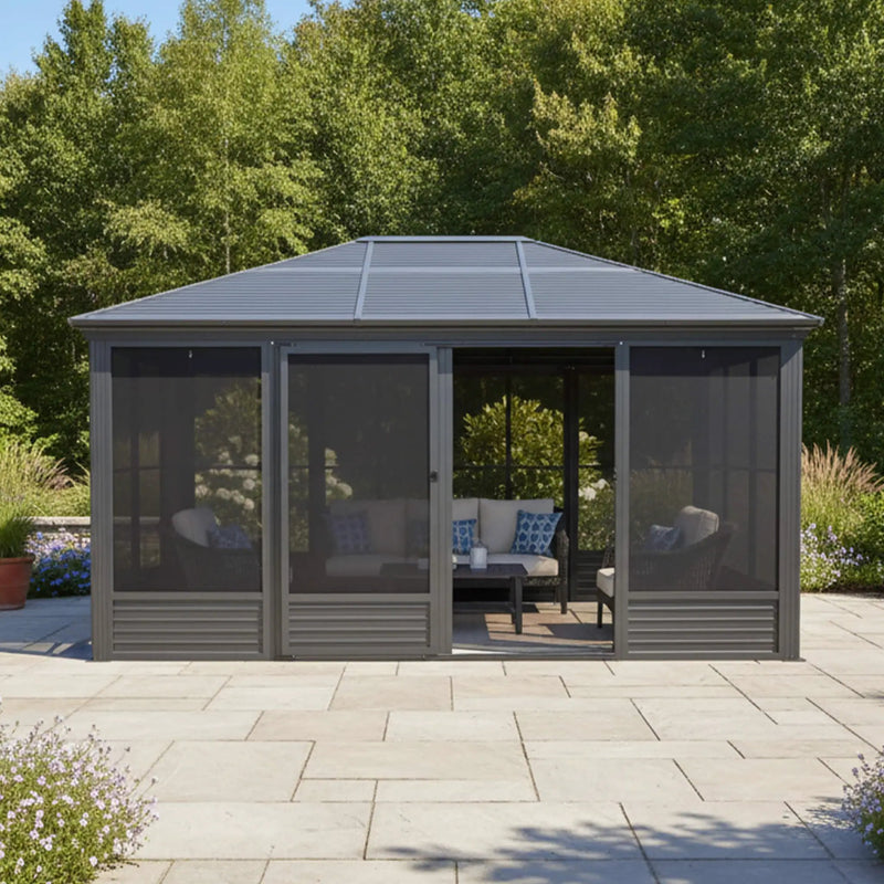 [11X14FT] Alora Meridian Premium Four Season Outdoor Aluminum Hardtop Gazebo Sunroom With Galvanized Steel Roof, Sliding Doors And Movable PVC Screen Walls (SAK88776) by SAKSBY WHOLESALE