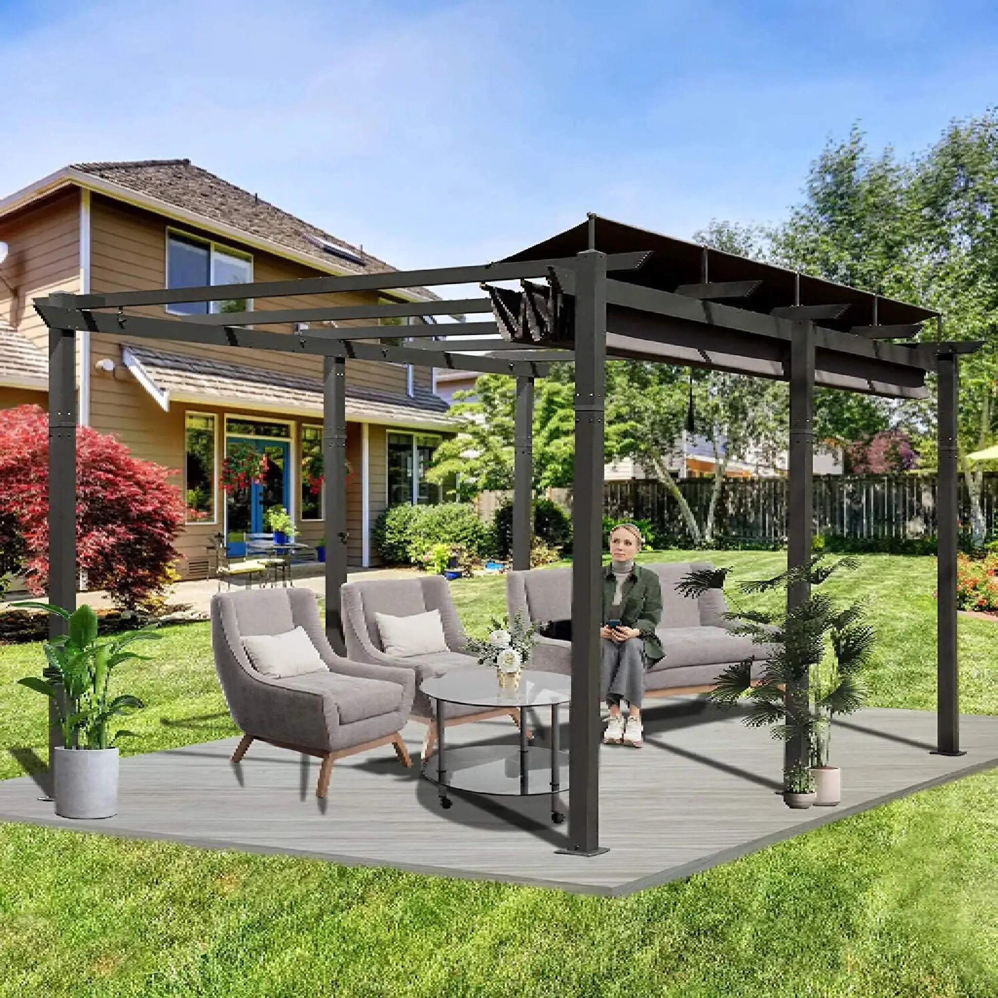 [11X16FT] Alora Outdoor Retractable Backyard Aluminum Metal Pergola With Roof (SAK16804) by SAKSBY WHOLESALE