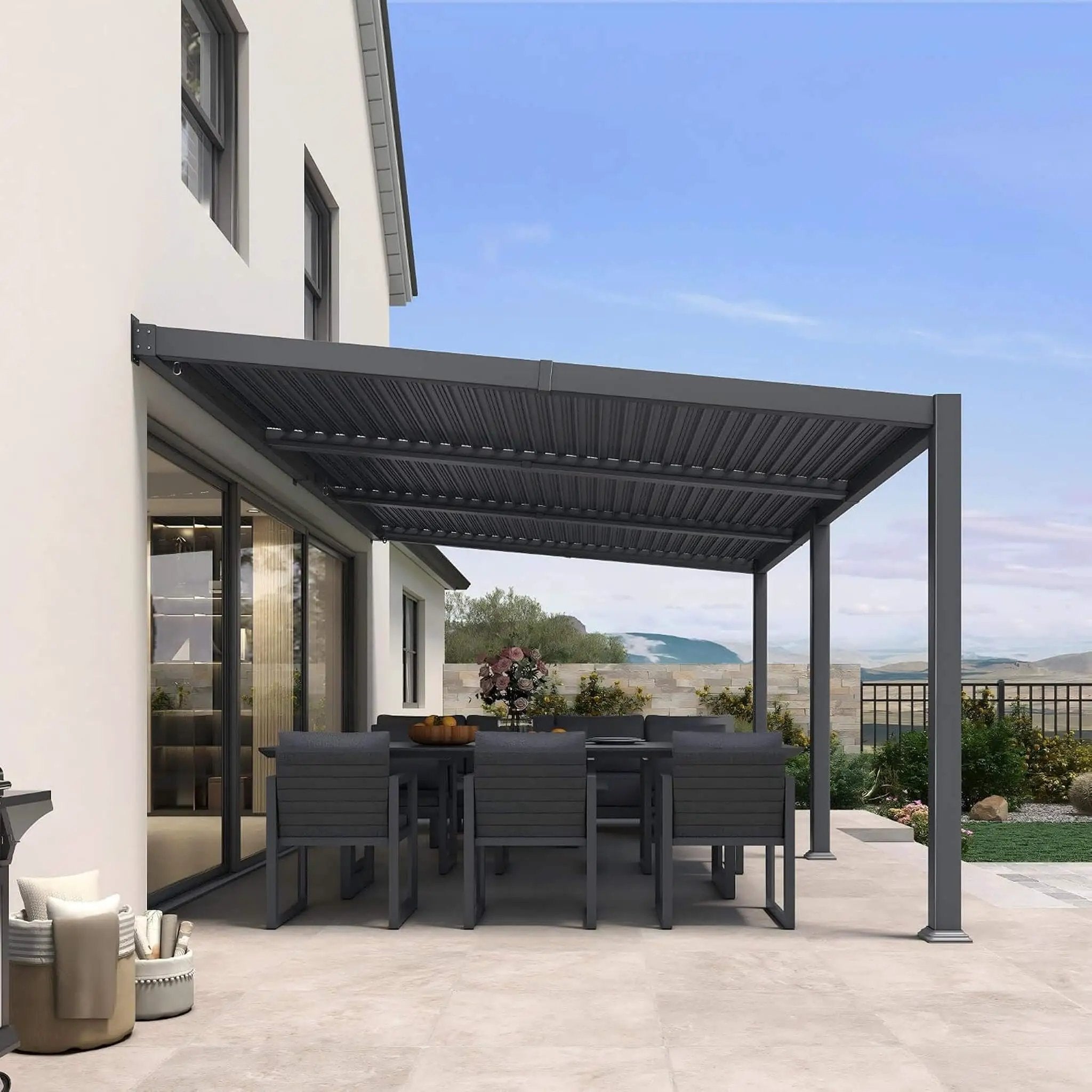 [11X18FT] Modern Wall-Mounted Louvered Pergola With Aluminum Frame (SAK69081) by SAKSBY WHOLESALE