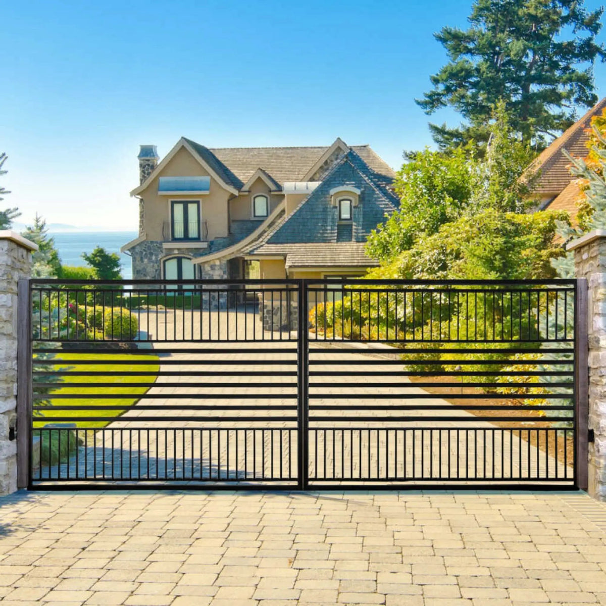 [12-18FT] Heavy-Duty Barcelona-Style Powder-Coated Steel Galvanized Dual Swing Driveway Gate (SAK25978) by SAKSBY WHOLESALE