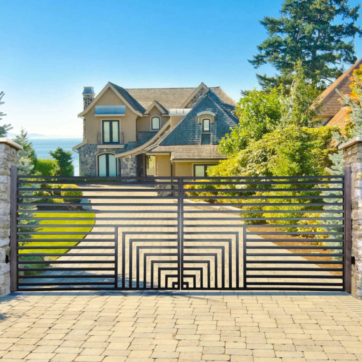 [12-18FT] Heavy-Duty Florence-Style Powder-Coated Galvanized Steel Dual-Swing Driveway Gate (SAK48168) by SAKSBY WHOLESALE