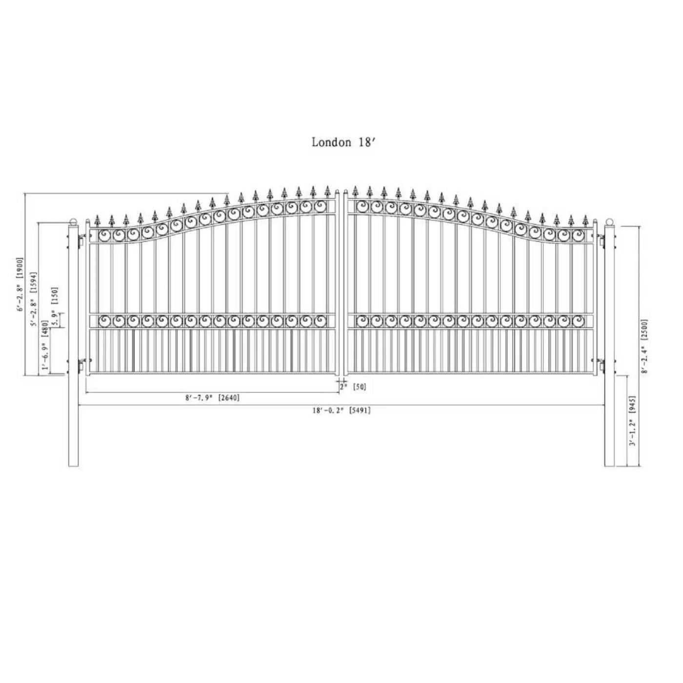 [12-18FT] Heavy-Duty London-Style Powder-Coated Galvanized Steel Dual-Swing Driveway Gate (SAK48520) by SAKSBY WHOLESALE