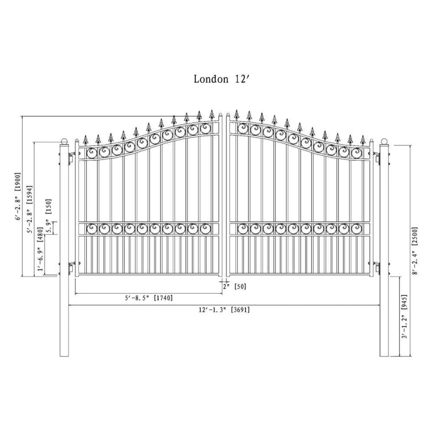 [12-18FT] Heavy-Duty London-Style Powder-Coated Galvanized Steel Dual-Swing Driveway Gate (SAK48520) by SAKSBY WHOLESALE