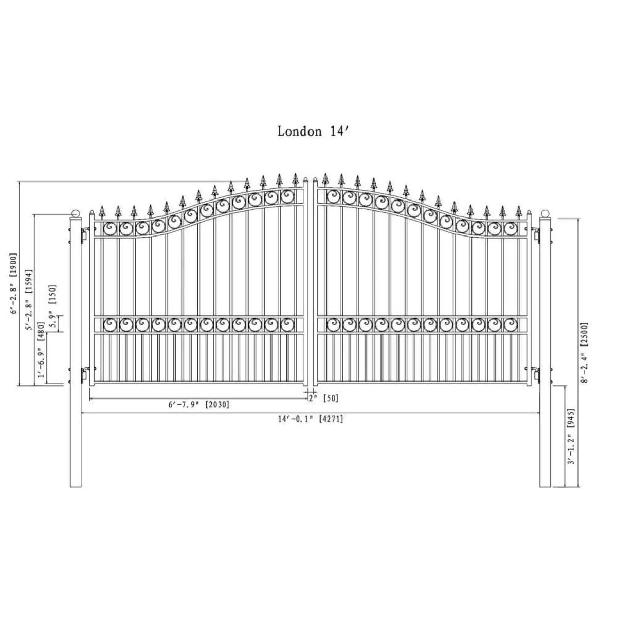 [12-18FT] Heavy-Duty London-Style Powder-Coated Galvanized Steel Dual-Swing Driveway Gate (SAK48520) by SAKSBY WHOLESALE
