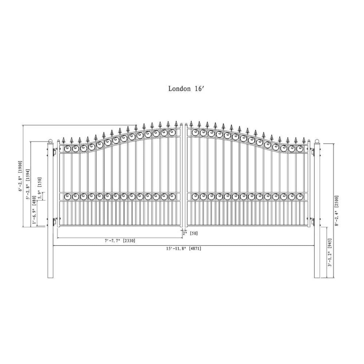 [12-18FT] Heavy-Duty London-Style Powder-Coated Galvanized Steel Dual-Swing Driveway Gate (SAK48520) by SAKSBY WHOLESALE