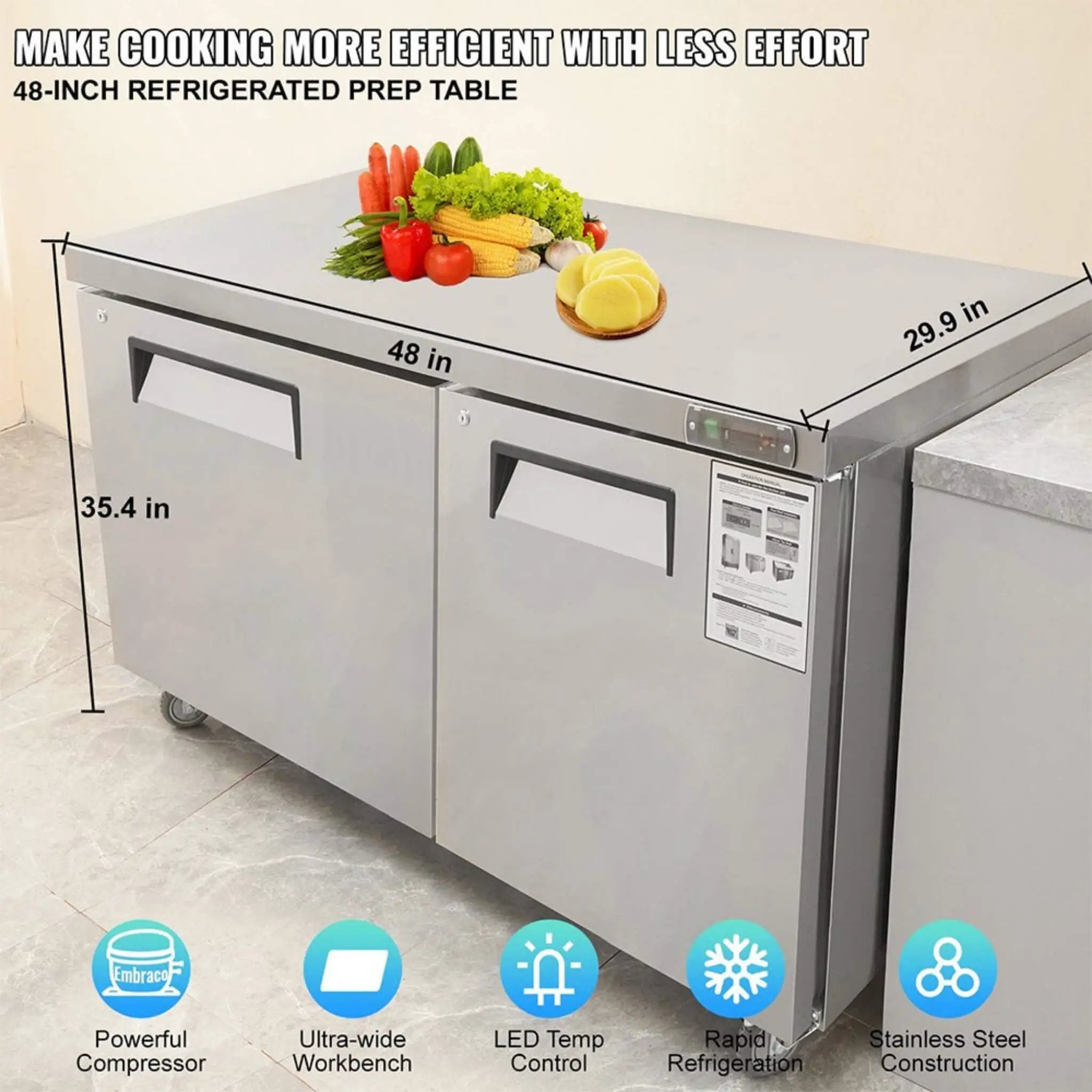 12.9 Cu.Ft 2-Door 48-Inch Commercial Stainless Steel Worktop Undercounter Refrigerator (SAK26049) by SAKSBY WHOLESALE