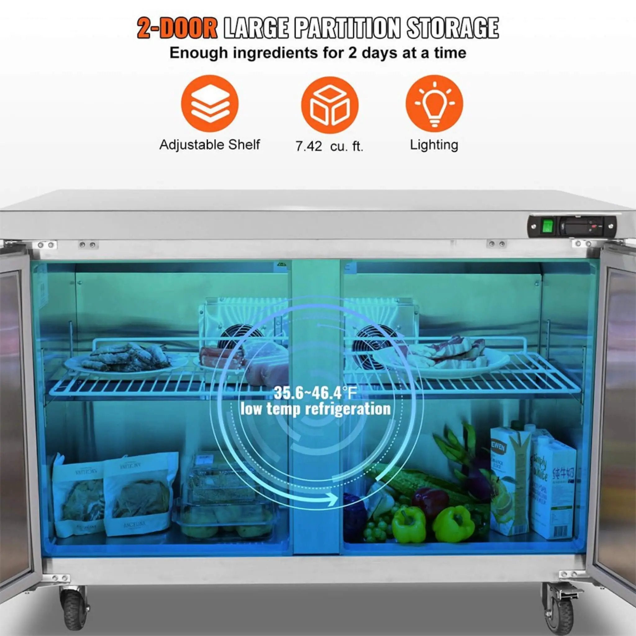 12.9 Cu.Ft 2-Door 48-Inch Commercial Stainless Steel Worktop Undercounter Refrigerator (SAK26049) by SAKSBY WHOLESALE