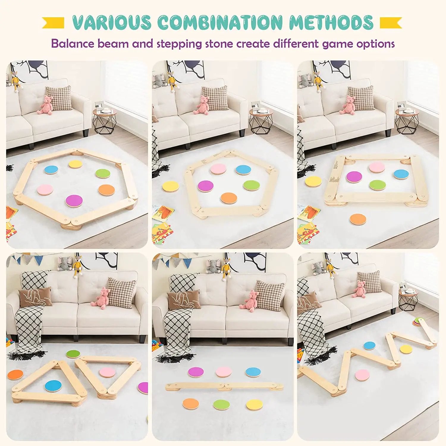 12-Piece Kids Wooden Balance Beam with Colorful Steeping Stones by DirectDeals