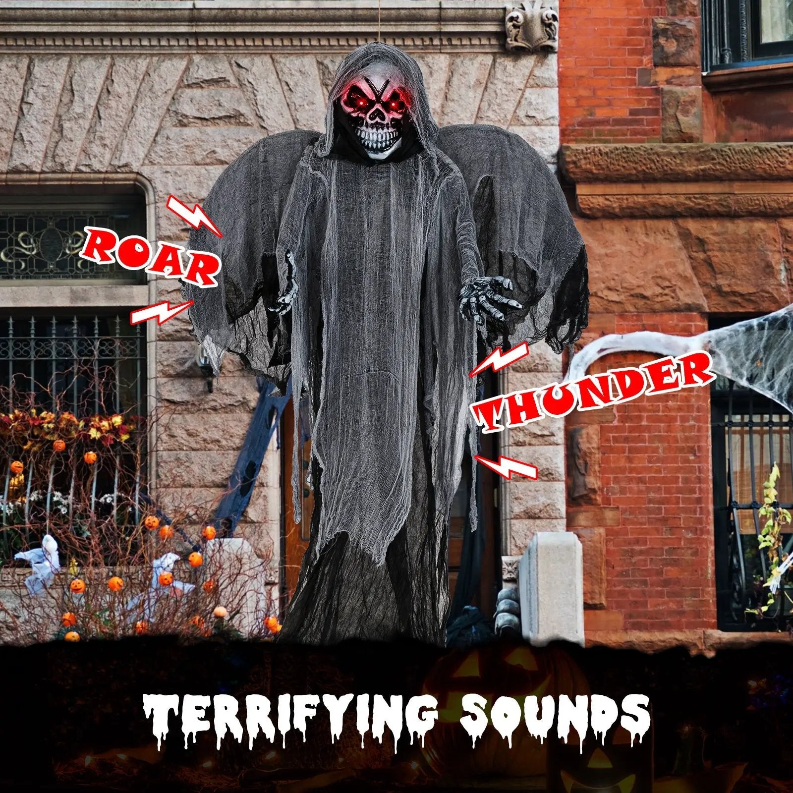 12.1 Ft Skeleton Ghost with Flickering Red Eyes and Scary Sounds by DirectDeals