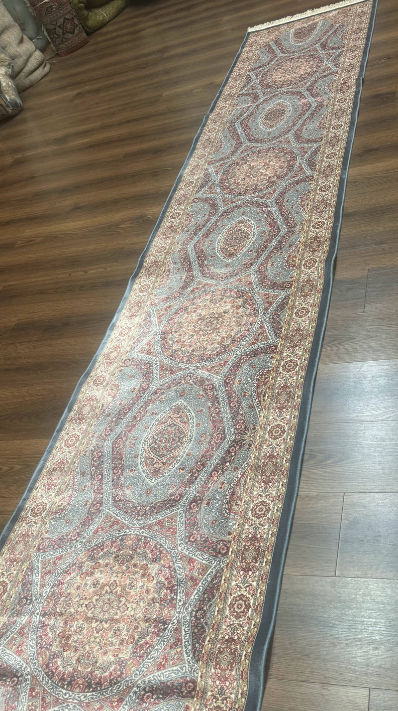 Turkish Silk Runner Rug 2.6 x 13, Blue Runner Rug, Dome Design, Bamboo Silk, New by Jewel Rugs