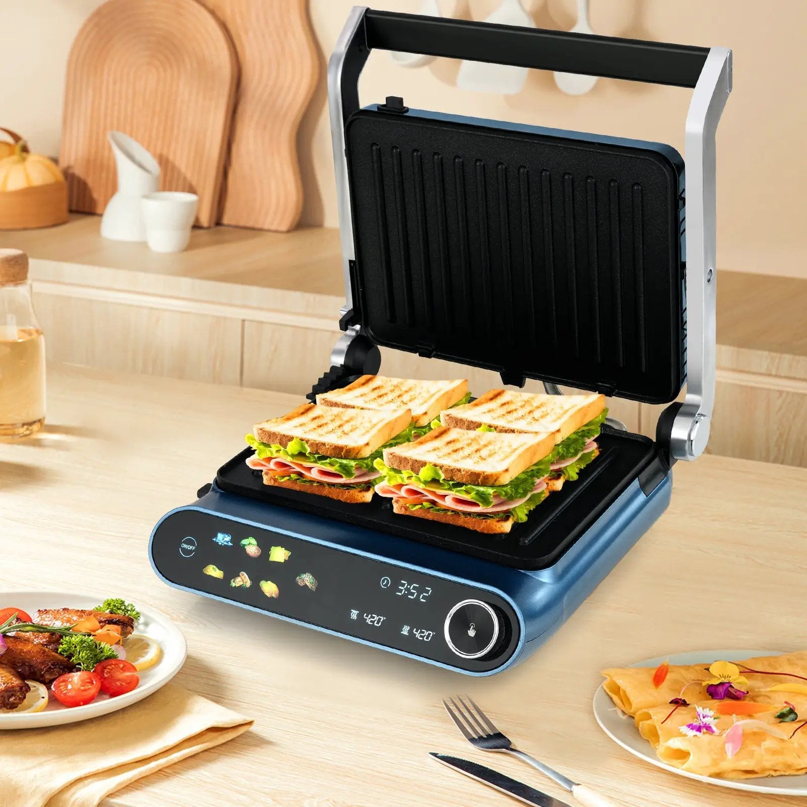 1200W Panini Press Grill with LED Display and 7 Grilling Modes-Blue by DirectDeals