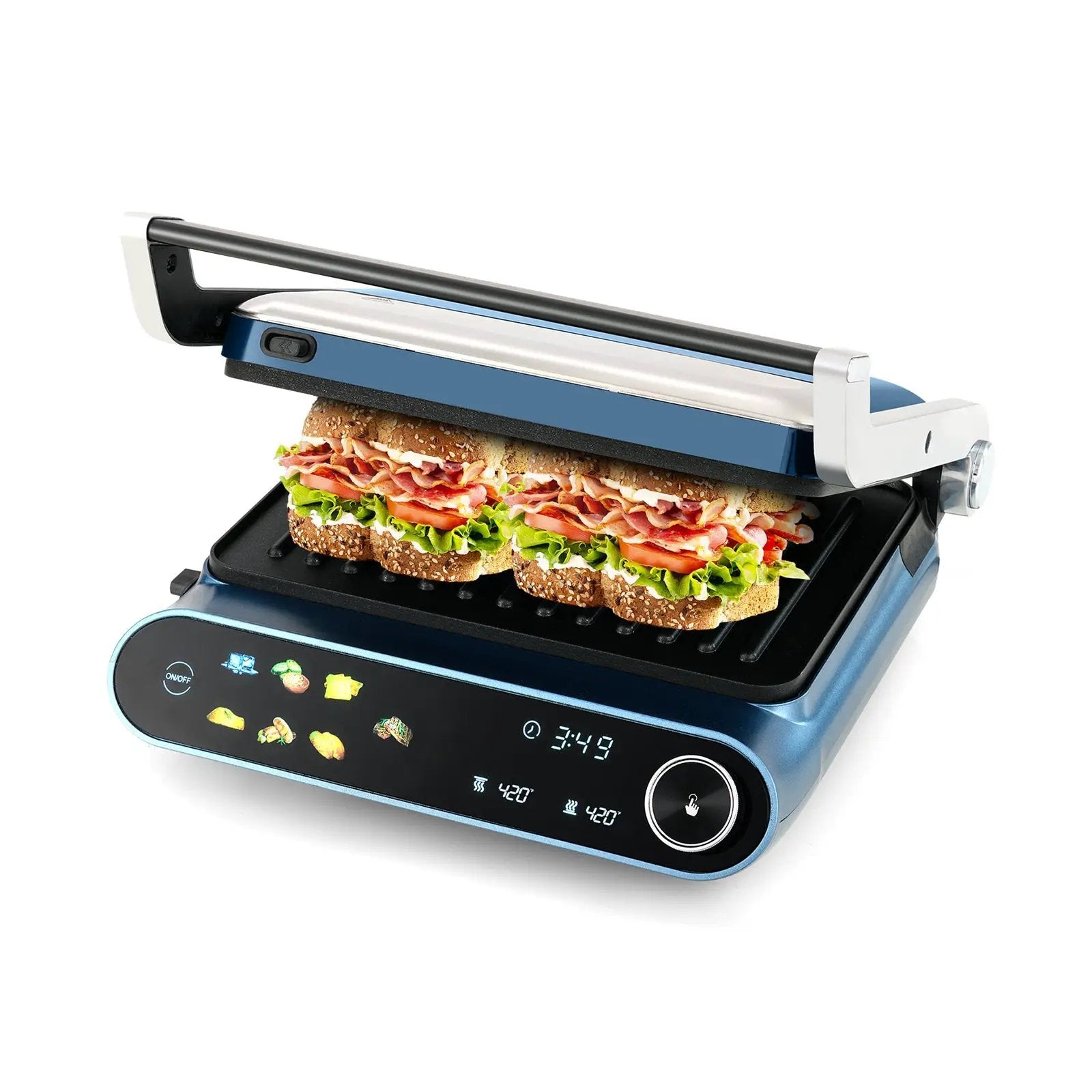 1200W Panini Press Grill with LED Display and 7 Grilling Modes-Blue by DirectDeals