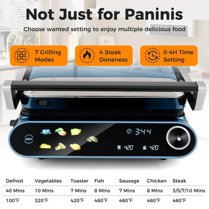 1200W Panini Press Grill with LED Display and 7 Grilling Modes-Blue by DirectDeals