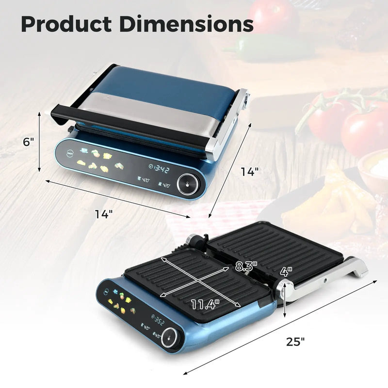 1200W Panini Press Grill with LED Display and 7 Grilling Modes-Blue by DirectDeals