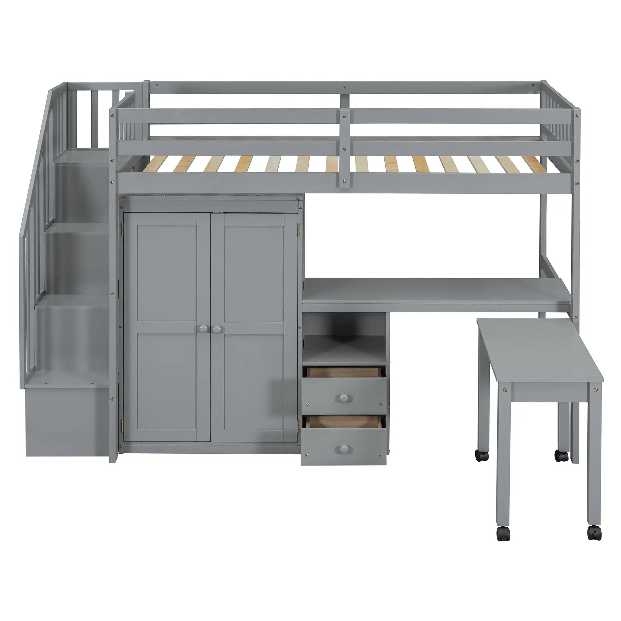 Loft Bed With Stairs, Bookshelf, Drawers, Desk & Wardrobe, Space Saving Multifunctional Furniture by HouseOfZazla