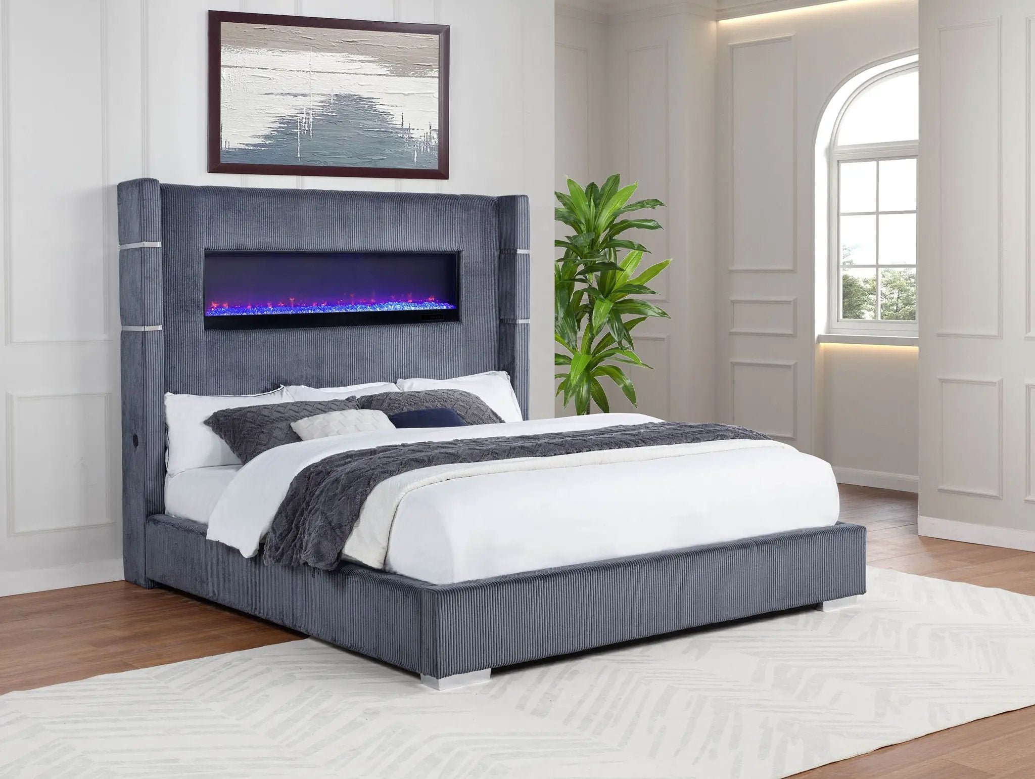 Tisdall Upholstered Cal King Flame Visualizer Bed Grey by Unique Piece Furniture