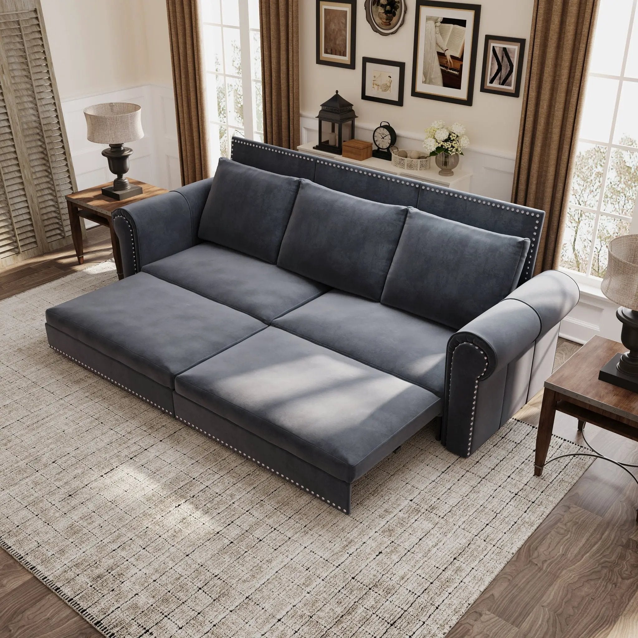 3 In 1 Convertible Sleeper Sofa With Nailhead Trim & Rolled Arm by HouseOfZazla