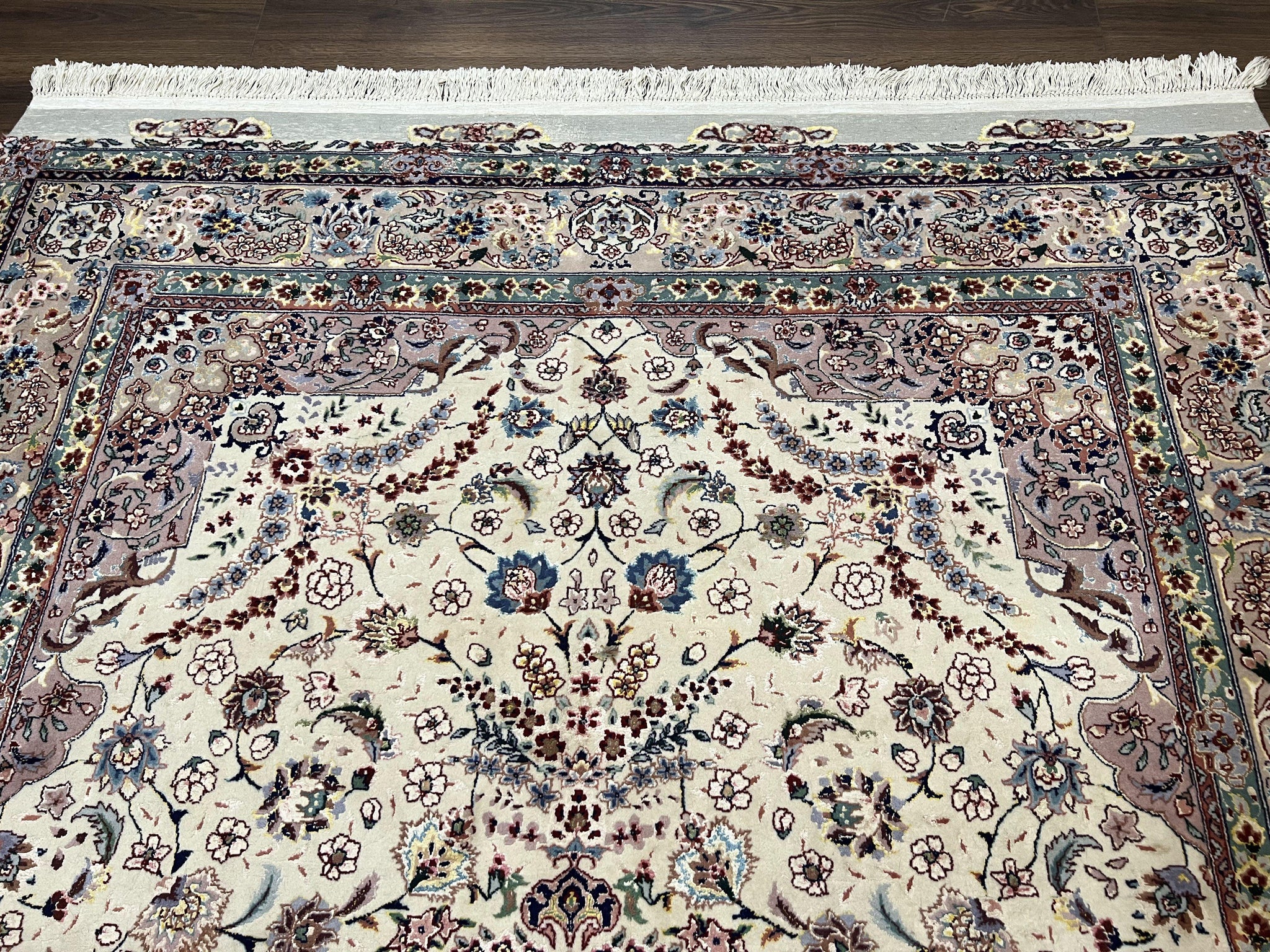 Beautiful Pak Persian Rug 6x9, Floral Medallion, Wool and Silk, Highly Detailed Elegant Carpet, Vintage Oriental Rug 6 x 9, Cream and Gray by Jewel Rugs