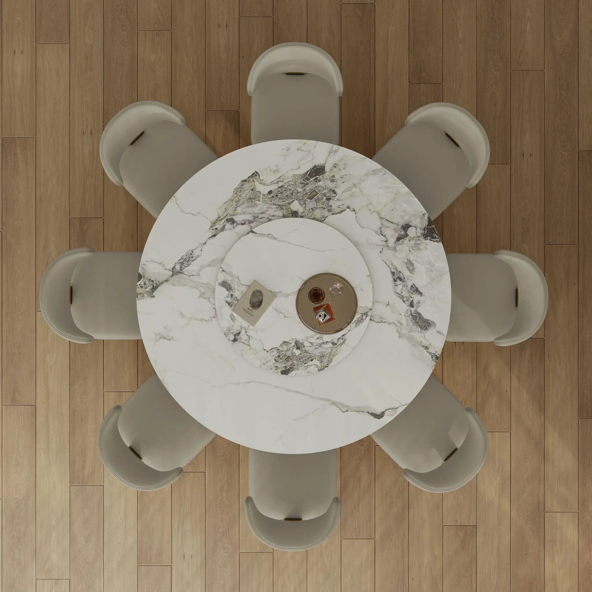 Luxury Round 59" Sintered Stone Dining Table With Stainless Steel Hourglass Base, Scratch & Heat Resistant Surface - Golden / White by HouseOfZazla