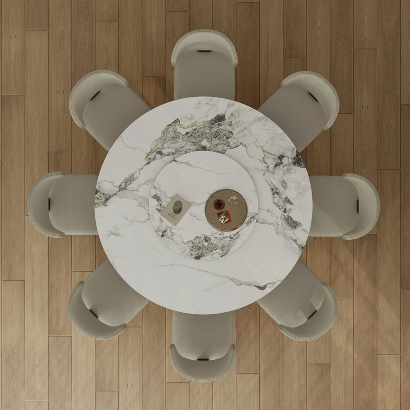 Luxury Round 59" Sintered Stone Dining Table With Stainless Steel Hourglass Base, Scratch & Heat Resistant Surface - Golden / White by HouseOfZazla