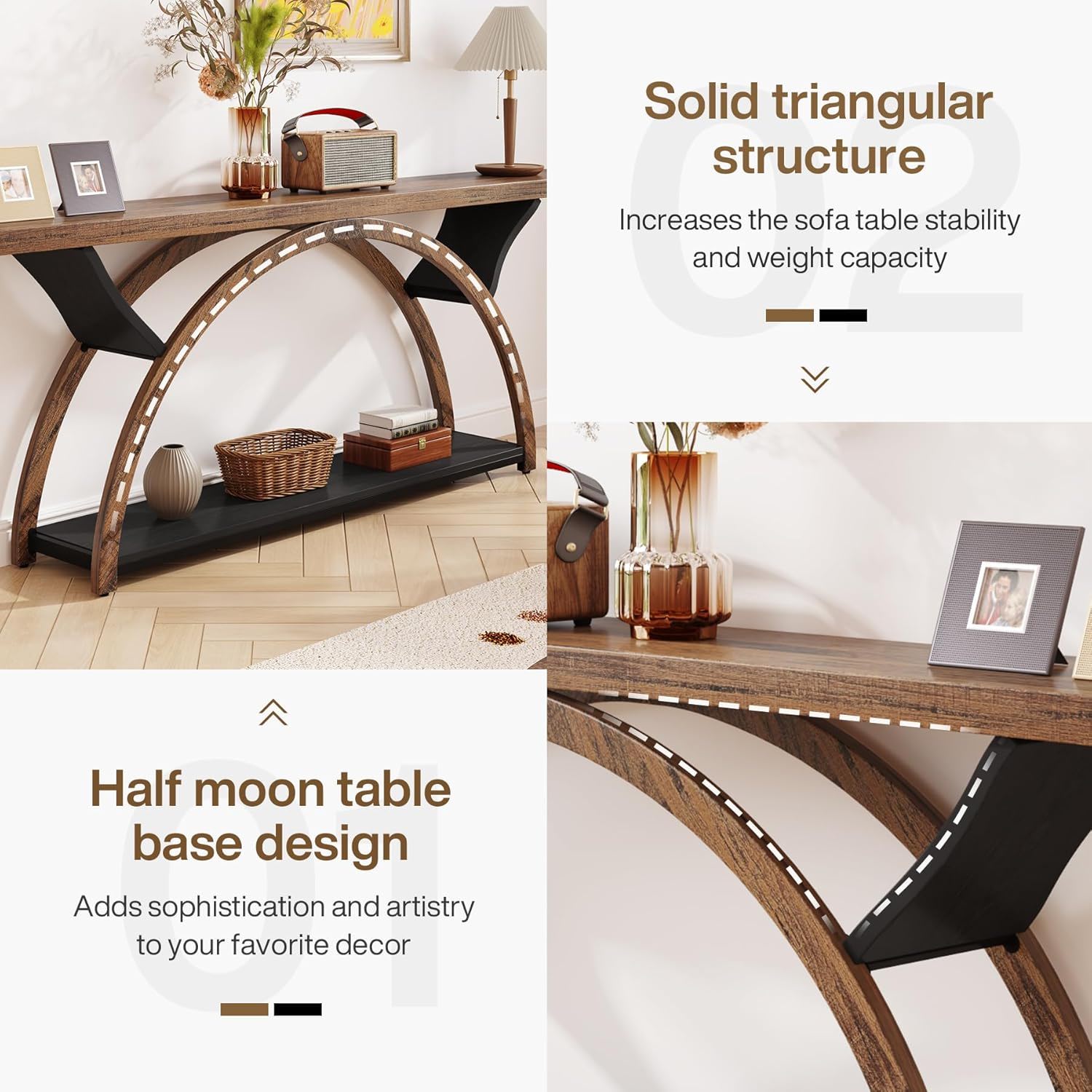 Console Table With 2 Tier Storage And Half Moon Frame For Hallway - Brown / Black by HouseOfZazla