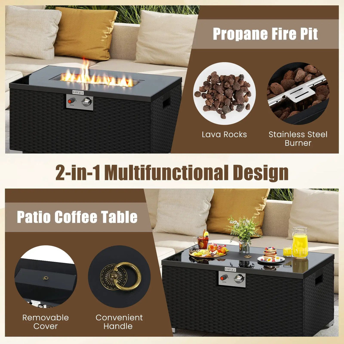2-Piece Outdoor Rattan Fire Table Set 32 Inch Rectangle Gas Firepit with Tank Cover, photo 16 of 24