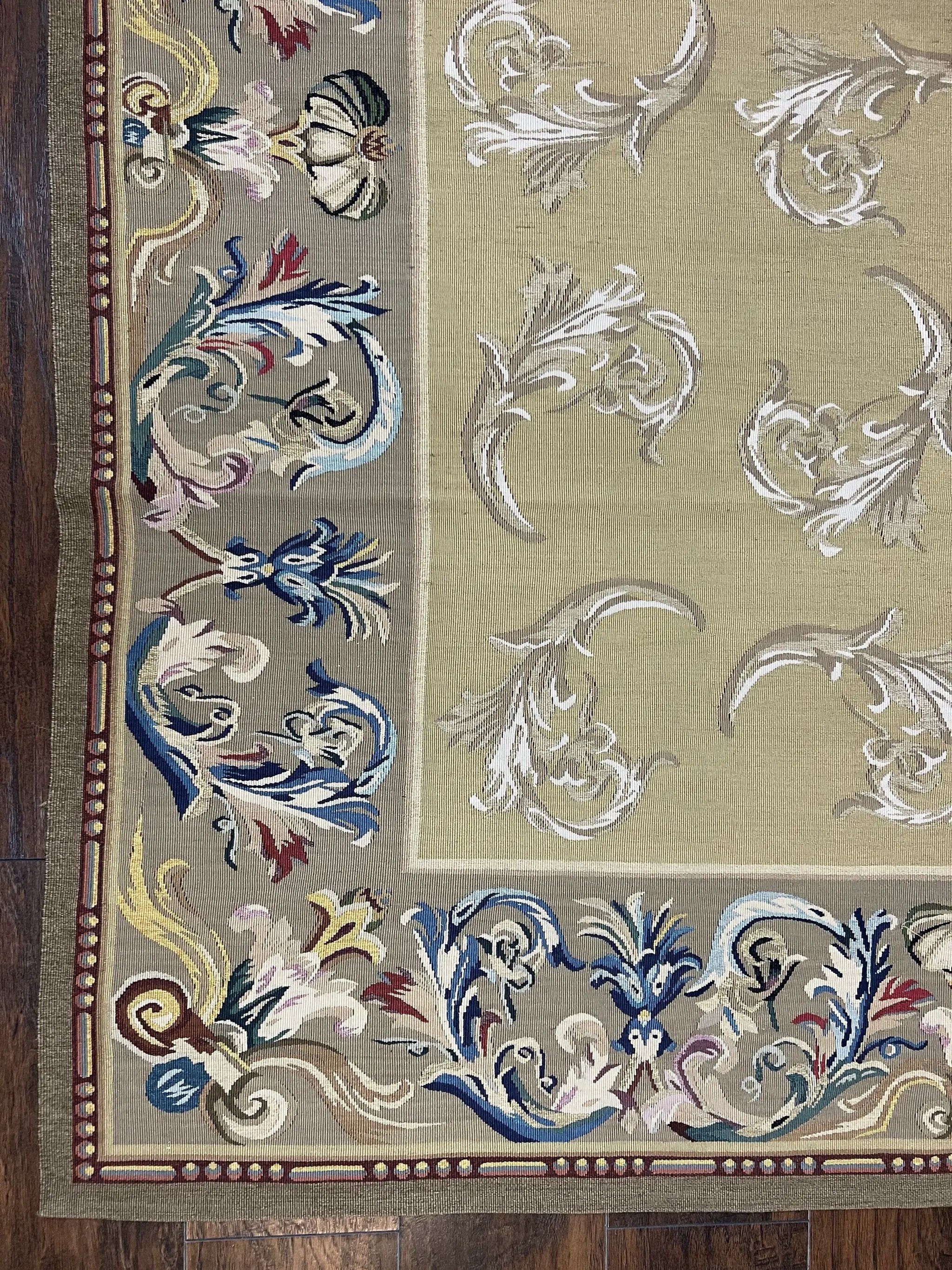 Vintage Aubusson Flatweave Area Rug 9x12, Aubusson Weave, Wool, Beige, Handmade, French European Design, 8'9" x 11'9" by Jewel Rugs