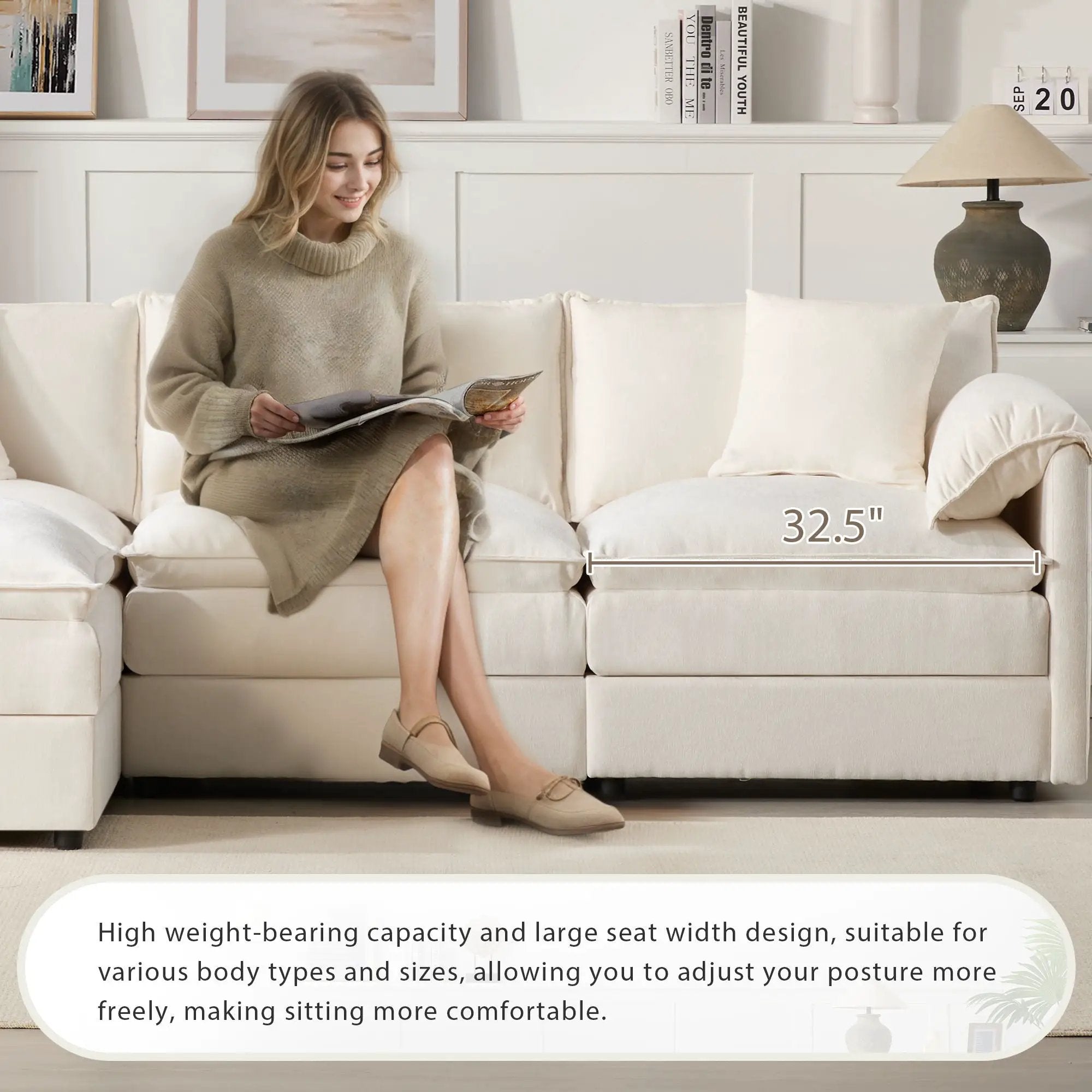Modular Sectional With Deep And Wide Seat, Cloud Couch Set With Double Cushions Sofa With Movable Ottoman by HouseOfZazla