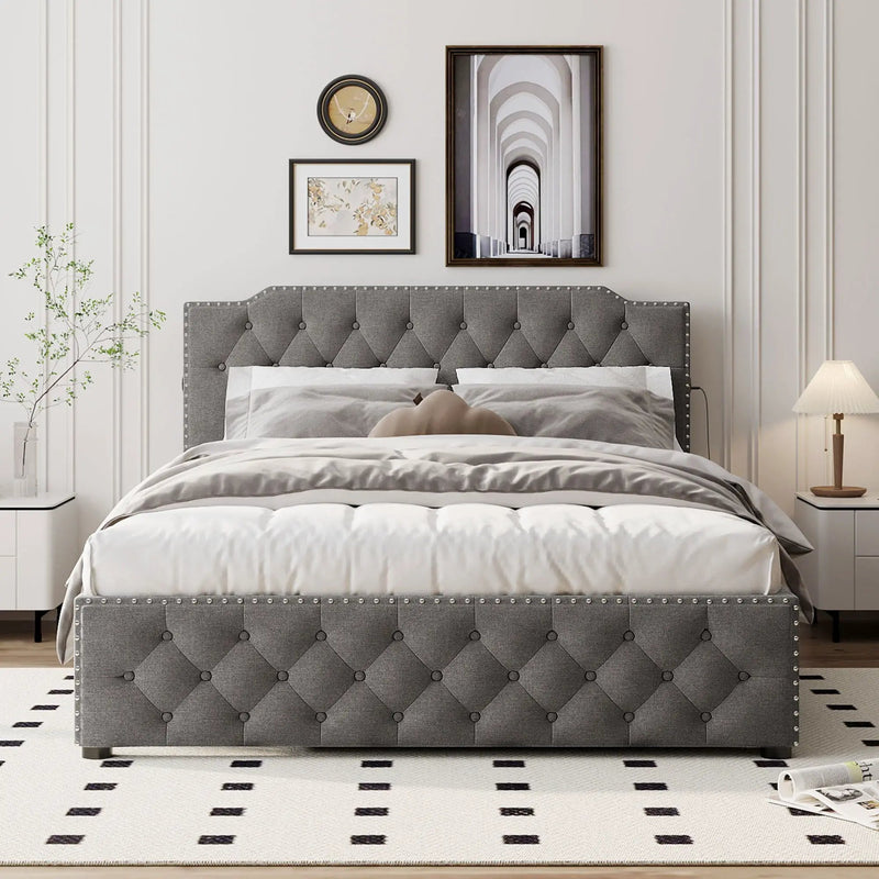 Upholstered Platform Bed With Trundle And 2 Sets Of USB Ports On Each Side, Fabric by HouseOfZazla