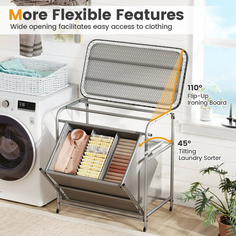 3-Section Laundry Sorter with Foldable Ironing Board and Lockable Wheels-Gray by DirectDeals