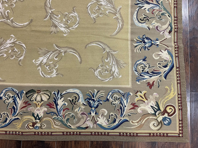 Vintage Aubusson Flatweave Area Rug 9x12, Aubusson Weave, Wool, Beige, Handmade, French European Design, 8'9" x 11'9" by Jewel Rugs