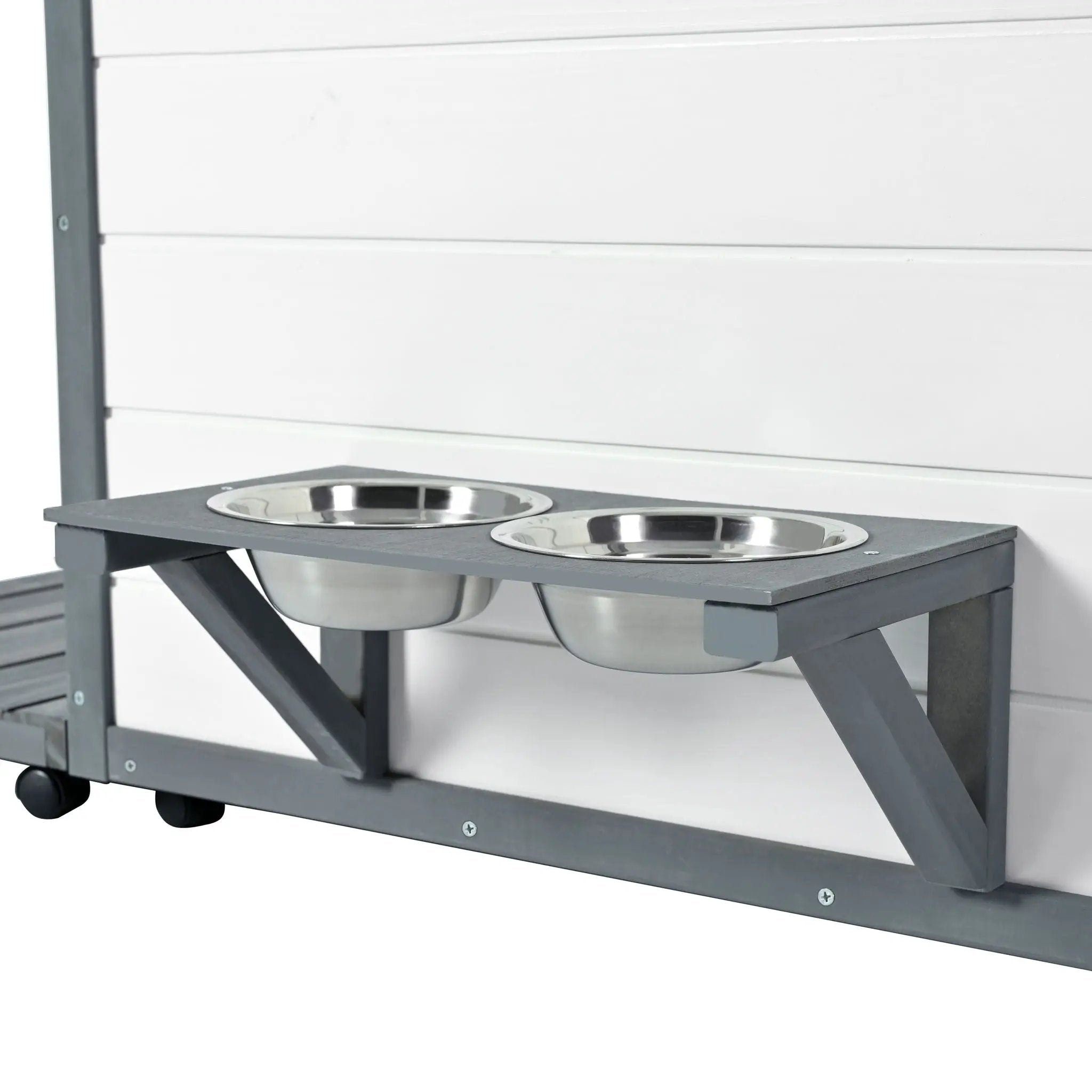 Modern Design Outdoor Dog House With Food Bowl And Wheels Pine - Gray / White by HouseOfZazla