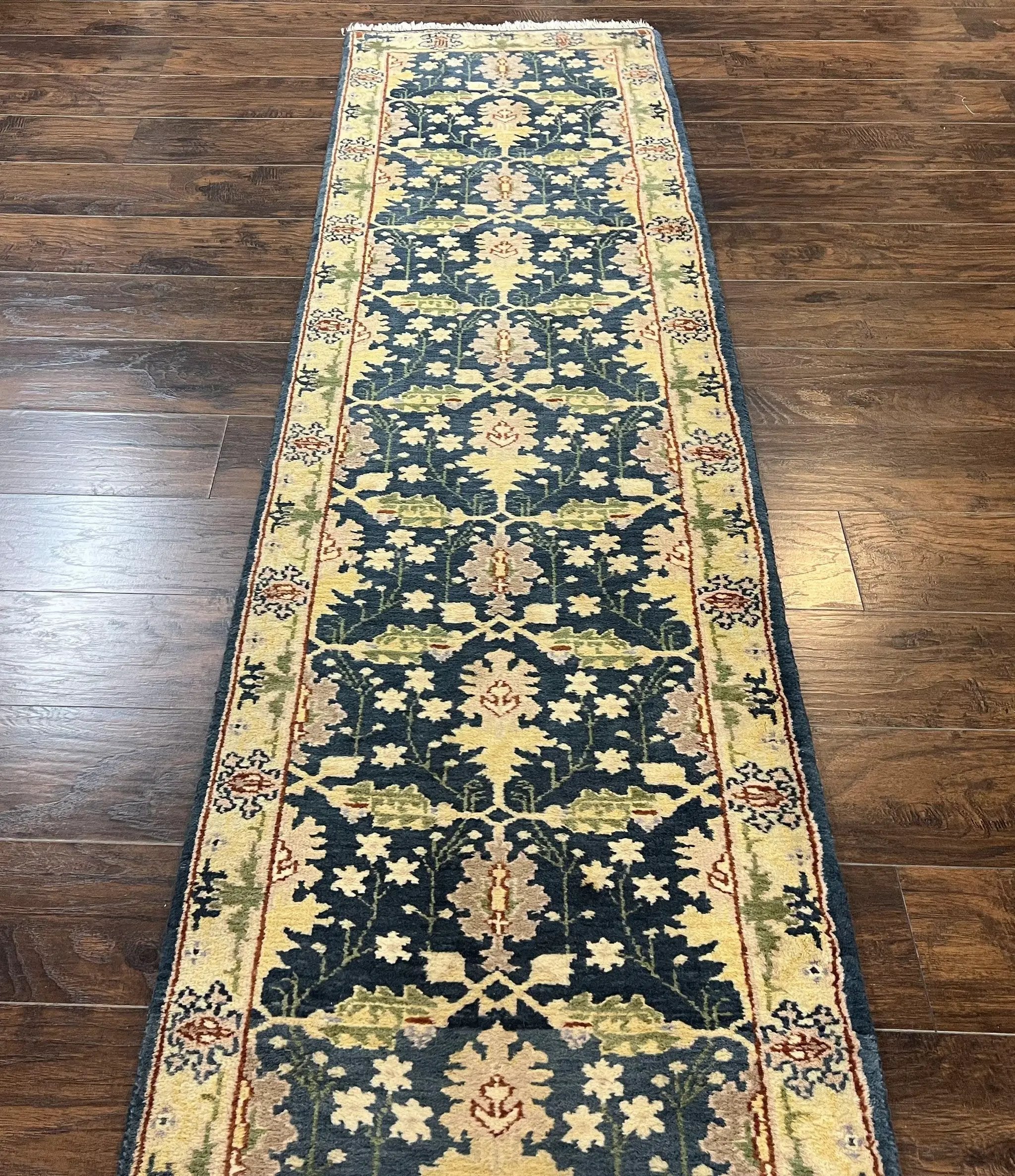 Indian Runner Rug 2.6 x 12, Navy Blue Beige Oriental Runner Rug 12ft Long, Narrow Hallway Runner, Wool Hand Knotted Indo Persian Mahal Rug by Jewel Rugs