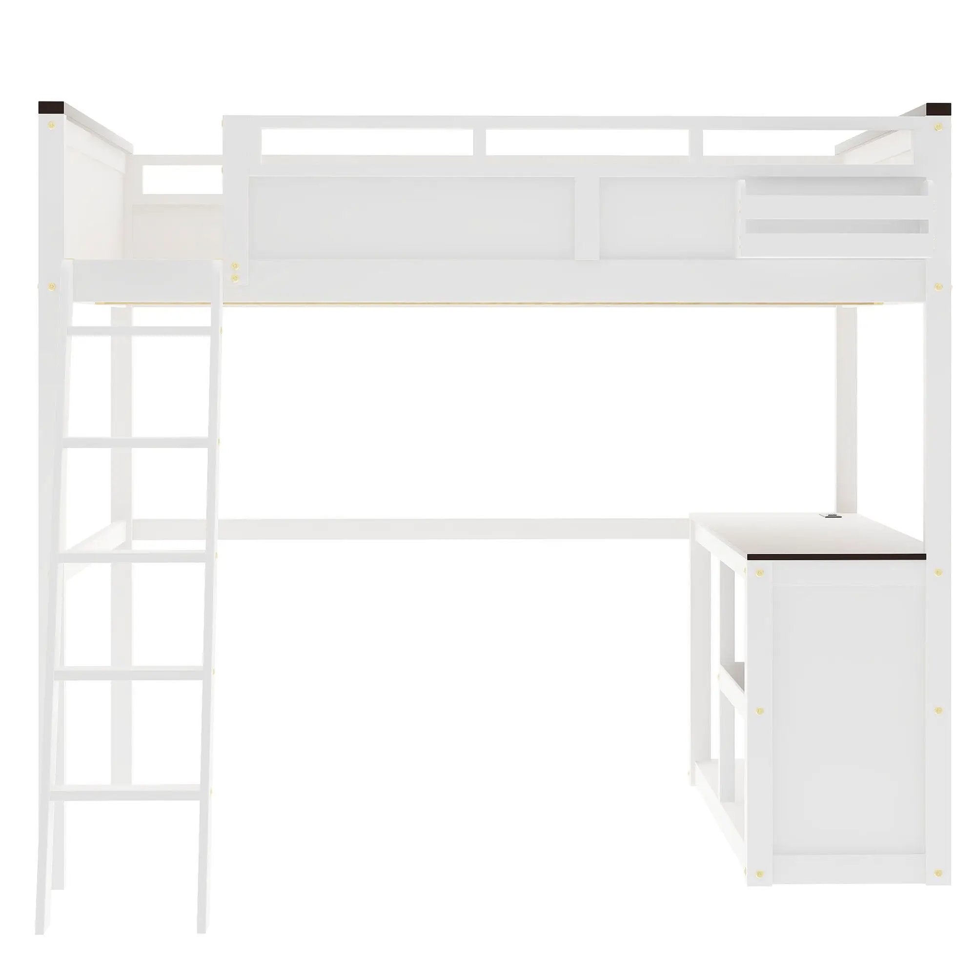 Queen Size Loft Bed With Desk, Open Shelf, Storage Box And USB Charging Station - White