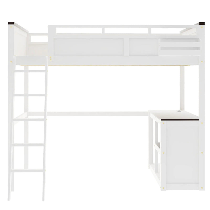 Queen Size Loft Bed With Desk, Open Shelf, Storage Box And USB Charging Station - White