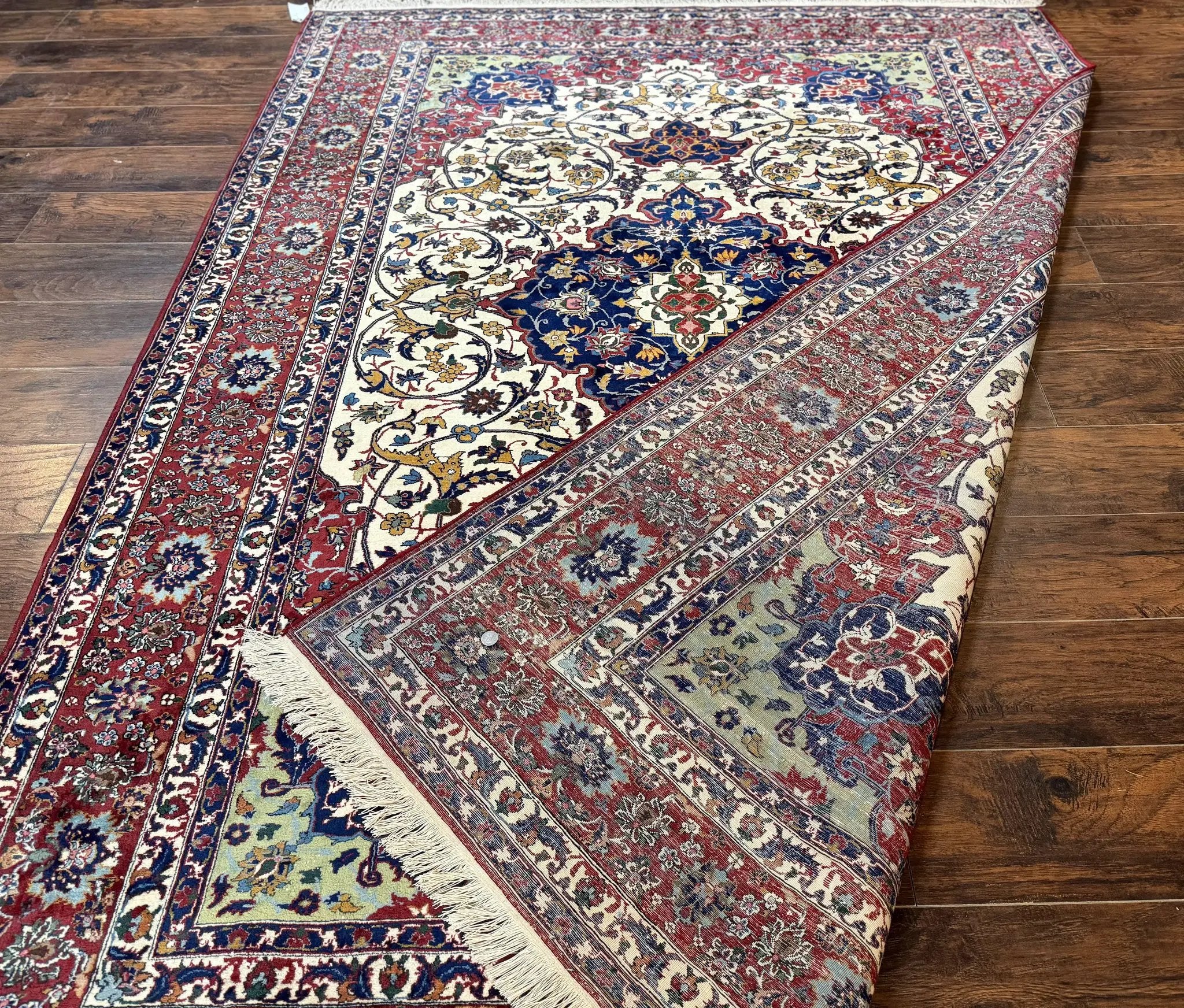 Wonderful Persian Isfahan Rug 7x9, Ivory Navy Blue Red, Floral Medallion, Very Finely Hand Knotted 260 KPSI, Handmade Wool Vintage Rug by Jewel Rugs