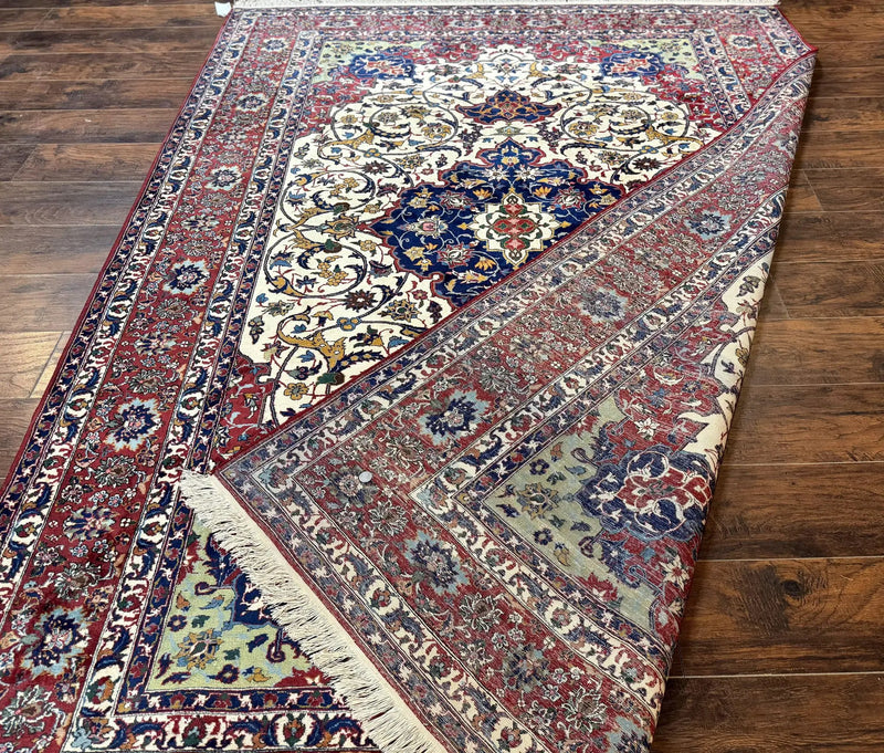 Wonderful Persian Isfahan Rug 7x9, Ivory Navy Blue Red, Floral Medallion, Very Finely Hand Knotted 260 KPSI, Handmade Wool Vintage Rug by Jewel Rugs