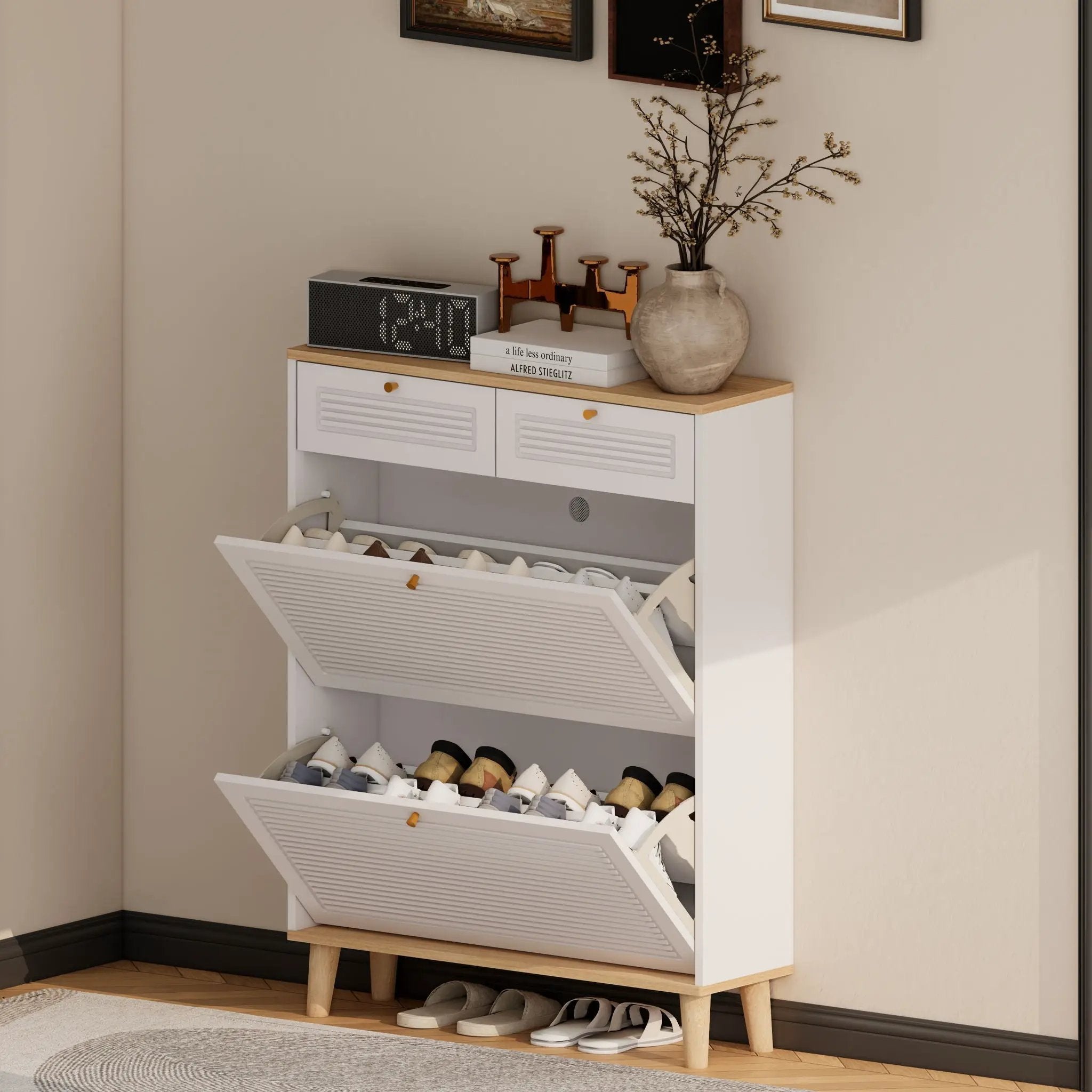 Modern Freestanding Shoe Cabinet With Flip Up Doors And Drawers, Compact Design For Entryway - White Natural by HouseOfZazla