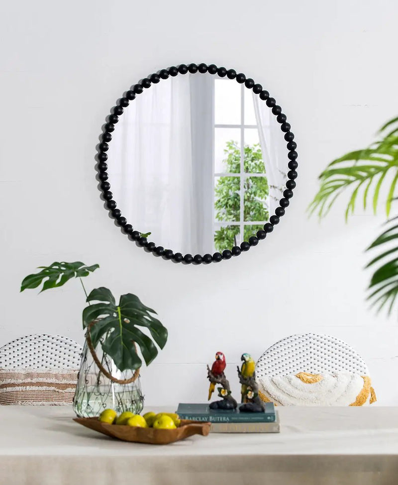 Circle Mirror With Metal Beaded Frame, Wall Mirror For Living Room Bedroom Entryway - Black by Unique Piece Furniture