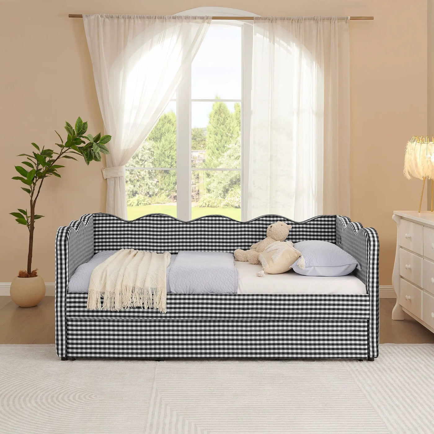 Gingham Daybed With USB Charging Port, Wave Shaped Design by Unique Piece Furniture