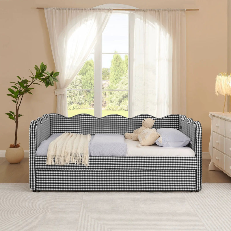 Gingham Daybed With USB Charging Port, Wave Shaped Design by Unique Piece Furniture