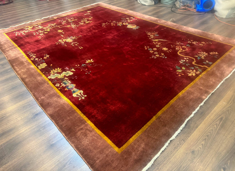 Red Chinese Art Deco Rug 9x11, Simple Design, Wool Chinese Area Rug, Antique by Jewel Rugs